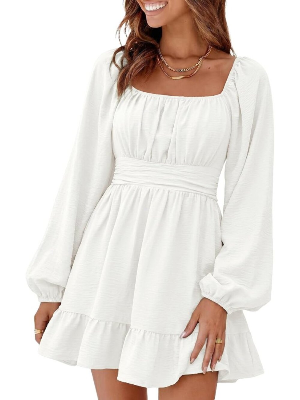 Chic Women's Mini Dress with Lantern Sleeves, Elastic Waist & Tie Back Design